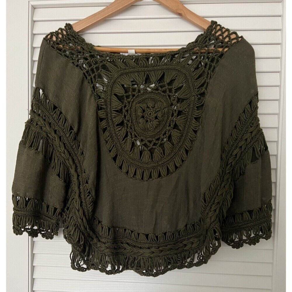 It Girl Women's Small Crochet Blouse Olive Green Beach Cover Up Boho Cropped Top